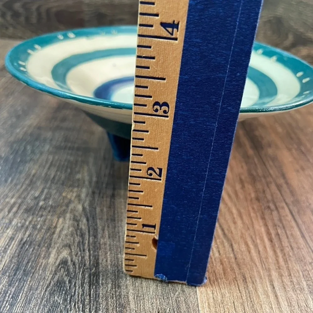Yes Mam Studio Pottery Apple Baker Teal Navy Striped Tripod Footed Ceramic